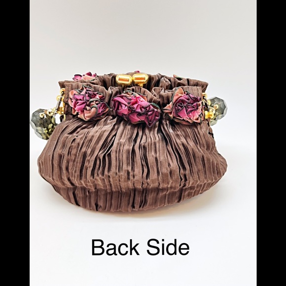 Small Brown Handbag W/Ribbon Roses, Chunky Topaz Crystal Handle, Large Tassel - Picture 3 of 8